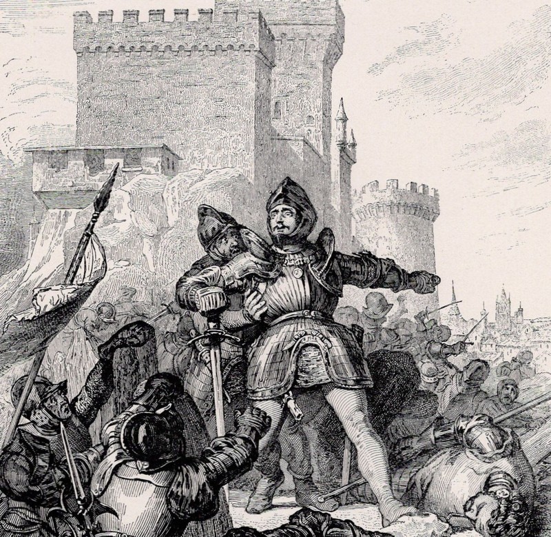 THE CHEVALIER BAYARD - Heroic Knight Defending Castle 1892 Antique Engraving