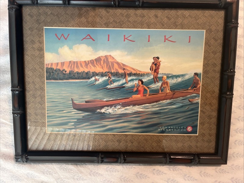 Waikiki Surf Riders Los Angeles Steamship Lithograph Print Bamboo Wood Frame