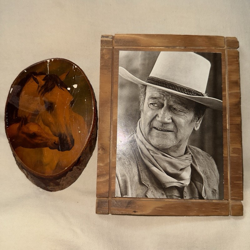 John Wayne Picture Cowboy Wood Mount 7.5×6″ Mare Colt Horse Slab Bark 5.5″x3.75″
