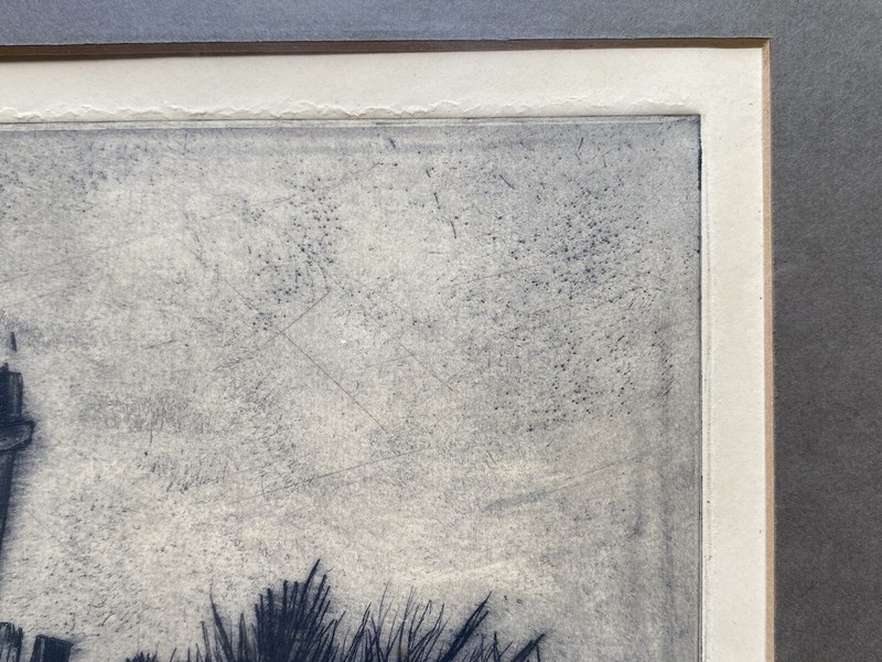 Vintage Modernist Nautical Coastal Seaside Shack Beach Etching Signed Southard gallery