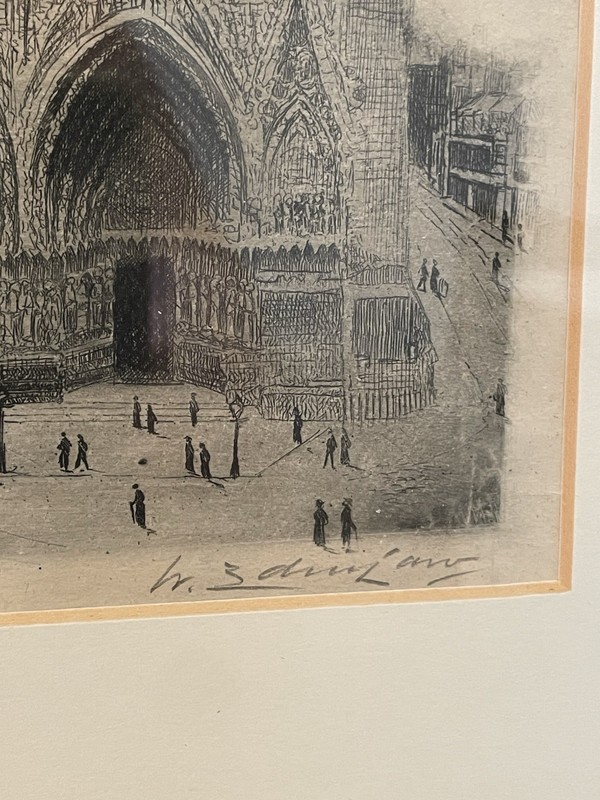 Original Etching-NOTRE DAME France Pencil Signed by Artist Framed 11.5x14.5 gallery