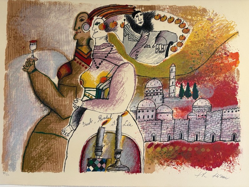 Unframed Lithograph “Jacob Rachel et Lea” By Theo Tobiasse Pencil Signed
