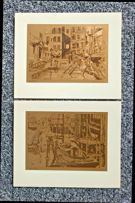 2 Vintage Gold Foil Etching Art Prints by Lionel Barrymore 8 1/2x 6 3/4″