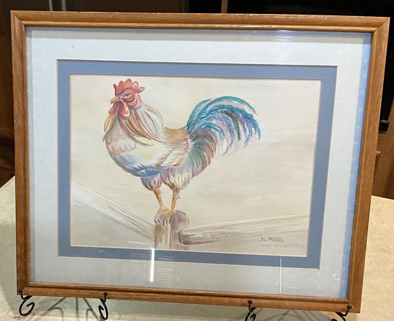 VTG-Original Framed ROOSTER WATERCOLOR PAINTING partial pencil art signed-SW Art