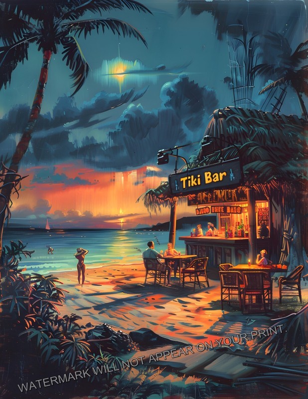 Tiki Bar Polynesian Beach Romantic Tropical Sunset Mid Century Art Print 8.5X11