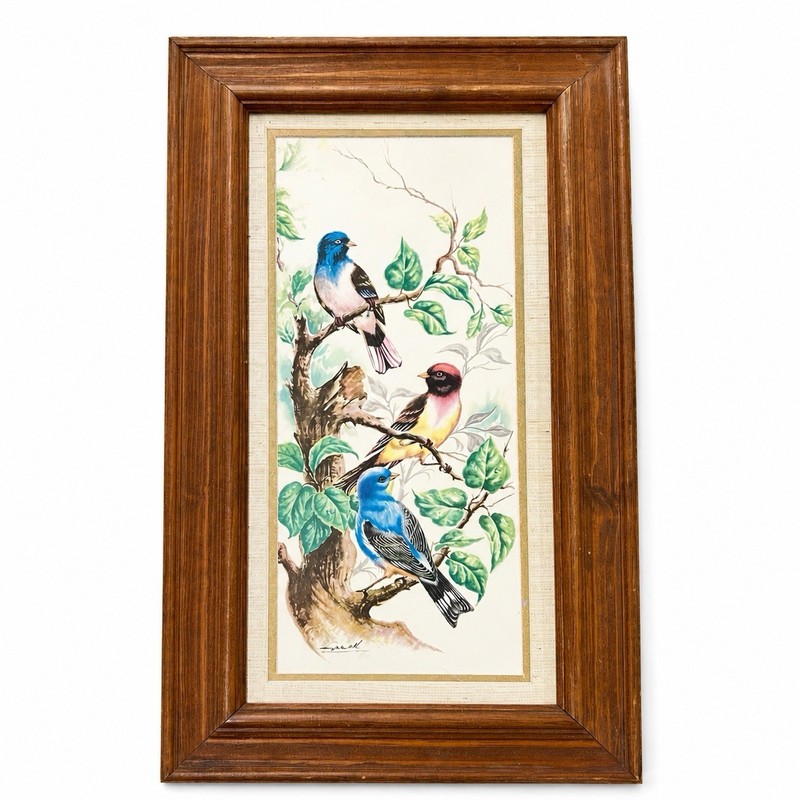 Grean Three Birds On A Branch Vintage Framed Lithograph Print Mid Century Wall