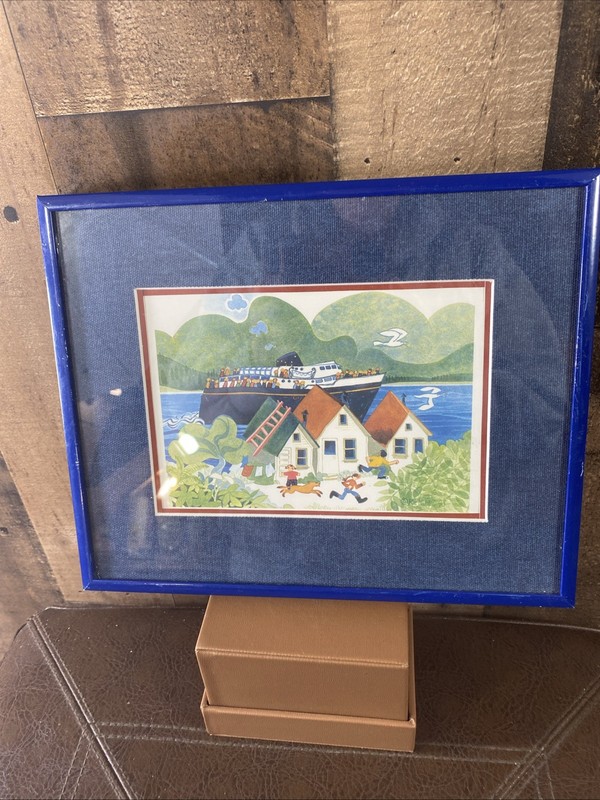 Vintage Rie Muñoz "Ferry Arriving in Tenakee" Framed Art Card Alaskan Folk Art
