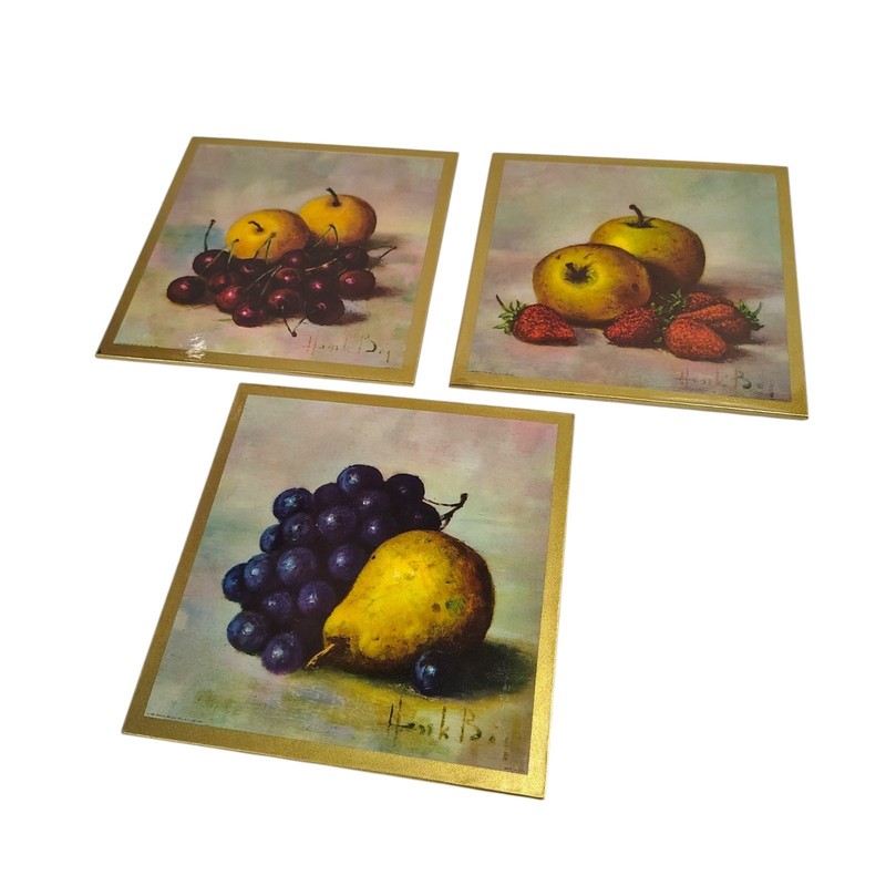 Hank Boj Still Life Fruit Pictures Set Of 3 Vintage MCM 8×8 Henk Bos Dutch
