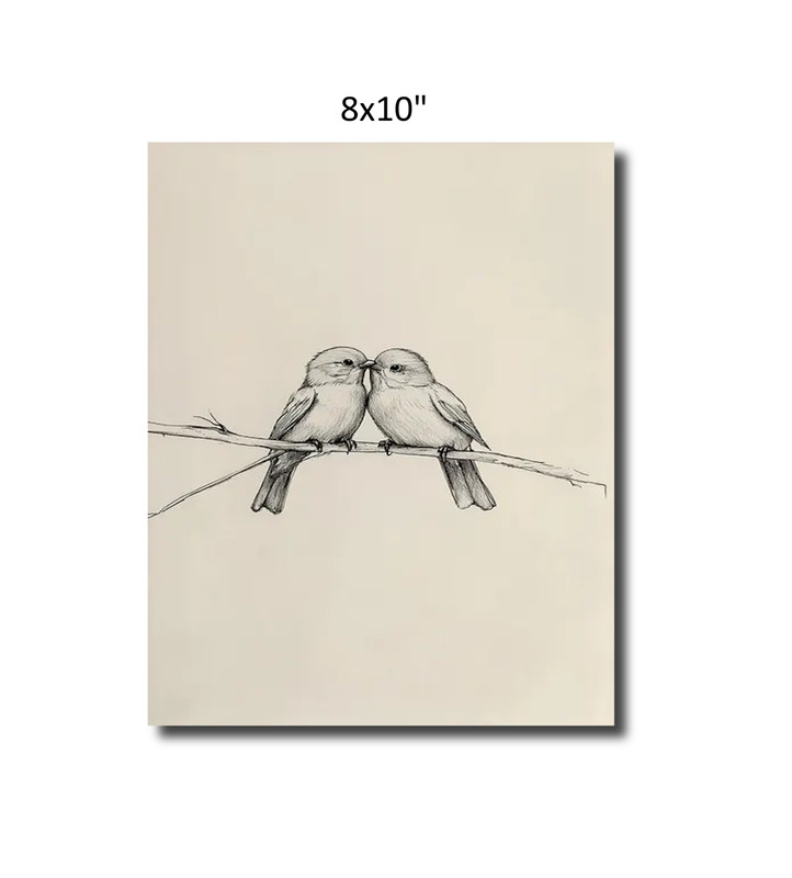 Birds in Love on a Branch Vintage Sketch Print | Bird Sketch Drawing Bedroom