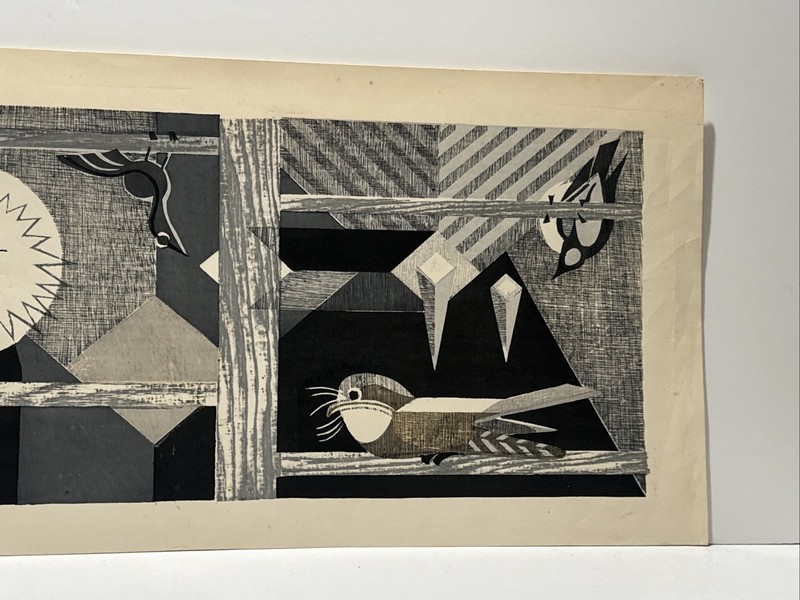 Junichiro Sekino Woodblock Print Rare Mid Century Modernist ABSTRACT BIRD Large gallery