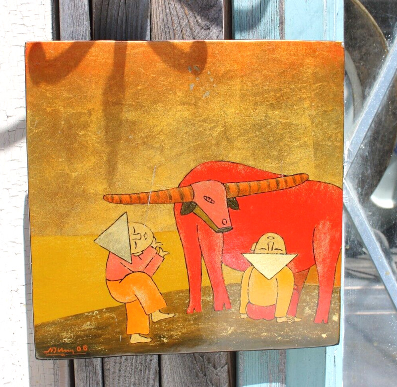 Vietnam Farmer Man With Oxen Painted Wood Picture Art Gold Leaf #1