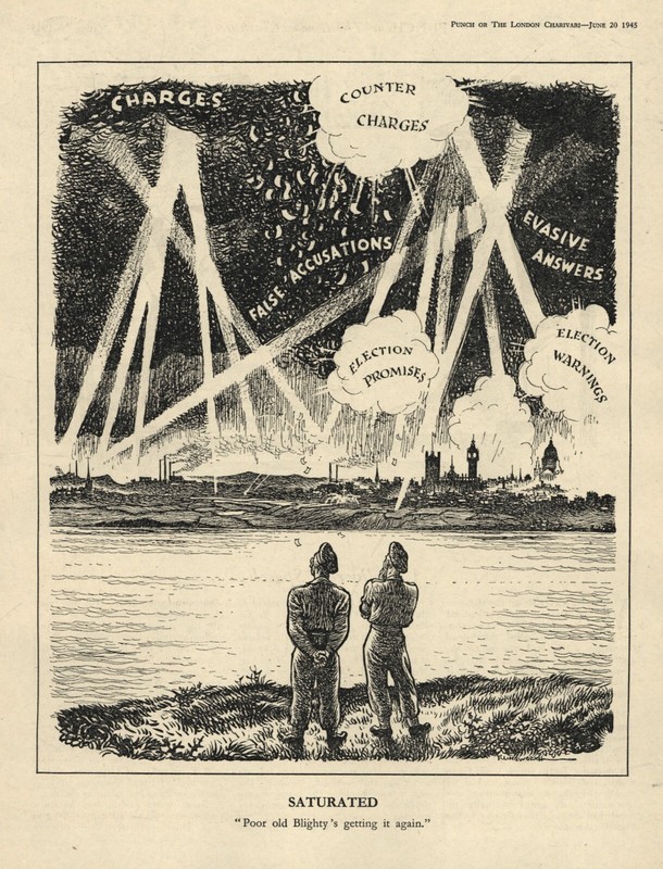 RARE 1945 BRITISH ELECTION CARTOON Political Satire PROMISES/ACCUSATIONS Postwar