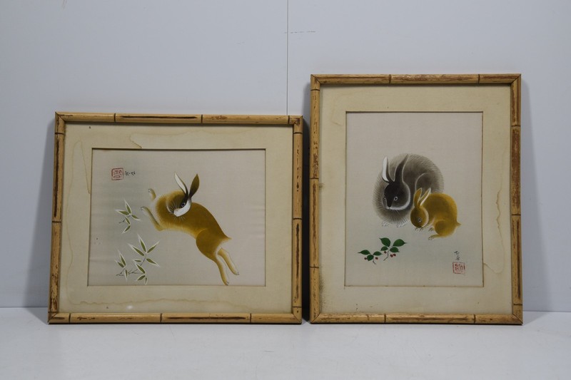 2 Vintage Asian Art Prints Rabbit Hares Bunnies Bamboo Frames Japanese