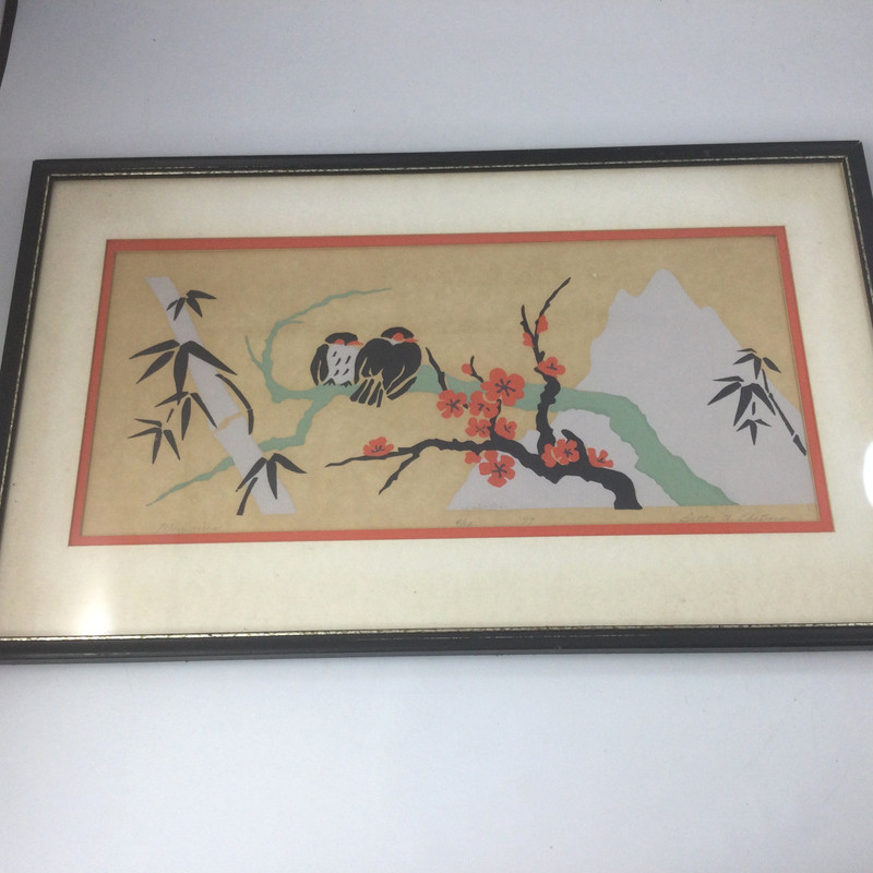 VTG Japanese Style Art Print 4/10 Birds Bamboo Flowers Framed 20" x 12" Signed
