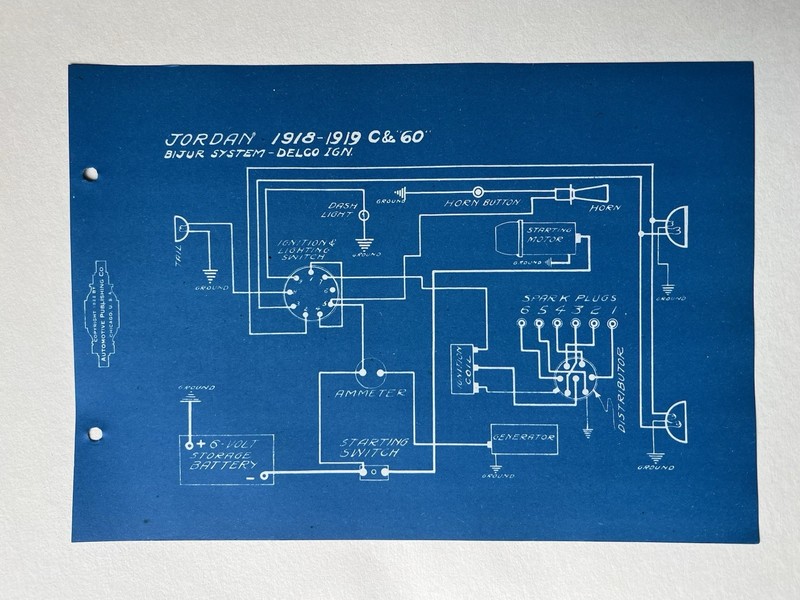 Antique Jordan Wiring Diagram Blueprint 1918-1921 Automotive Electrical Print