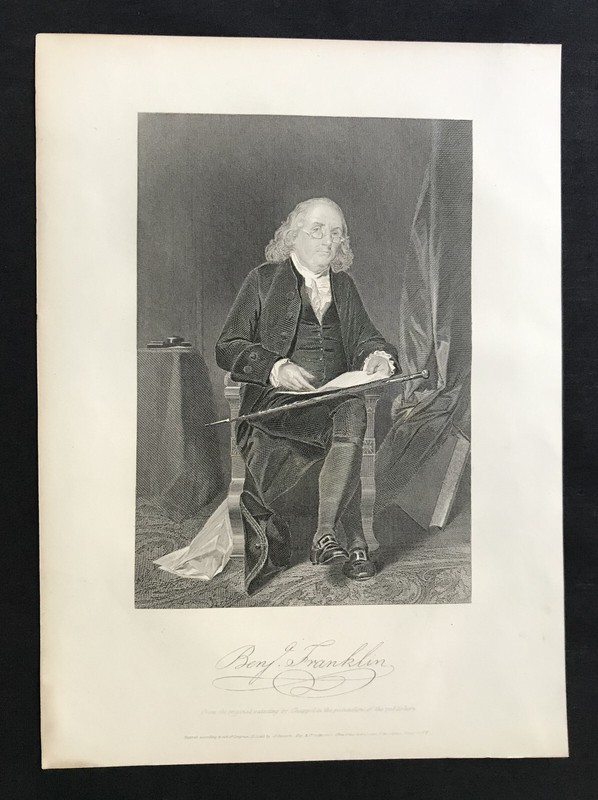 steel engraving Franklin Benjamin Dr founding father printer inventor Ben 1863 a