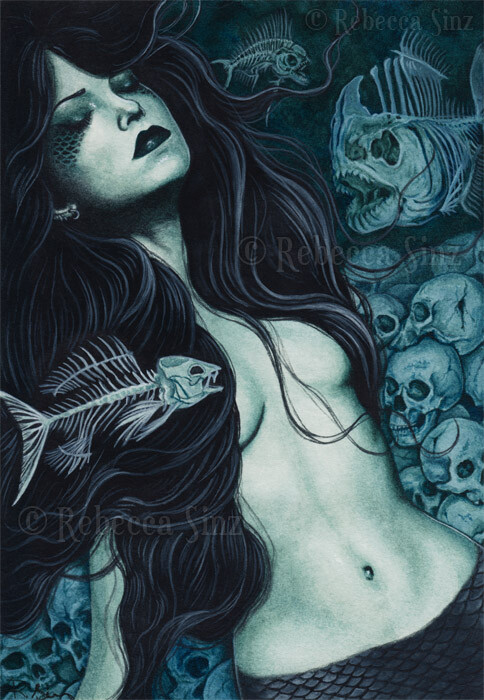 Gothic MERMAID Fantasy Art PRINT Skulls Fish Skeletons Dark Death Teal Green