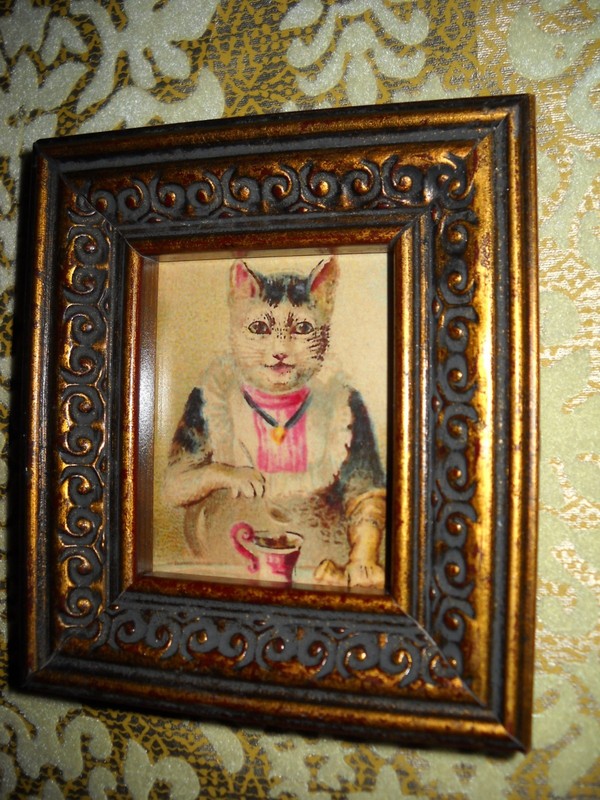 KITTY HAS TEA 2 1/2 X 3 bronze framed art print Victorian style animal picture