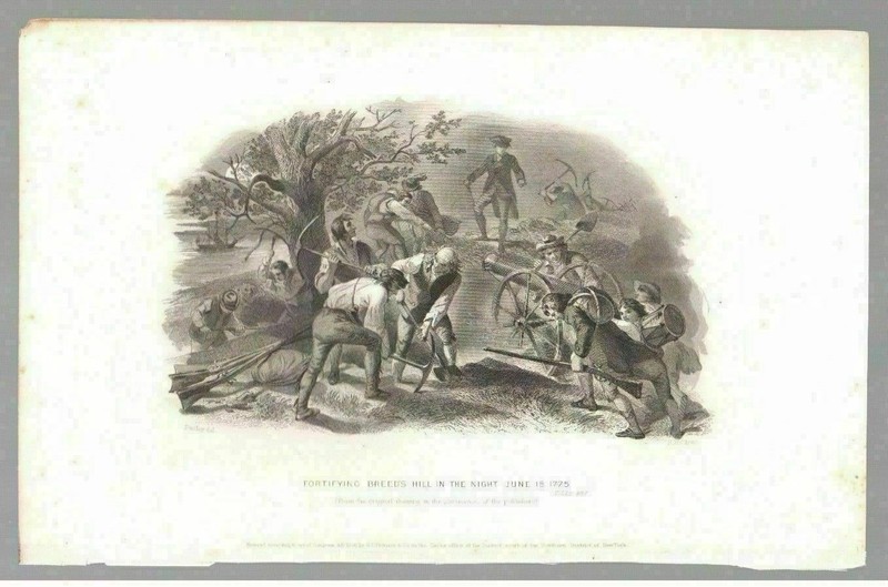 1856 Lithograph Engraving Fortifying Breeds Hill In The Night Hollyer Art Print