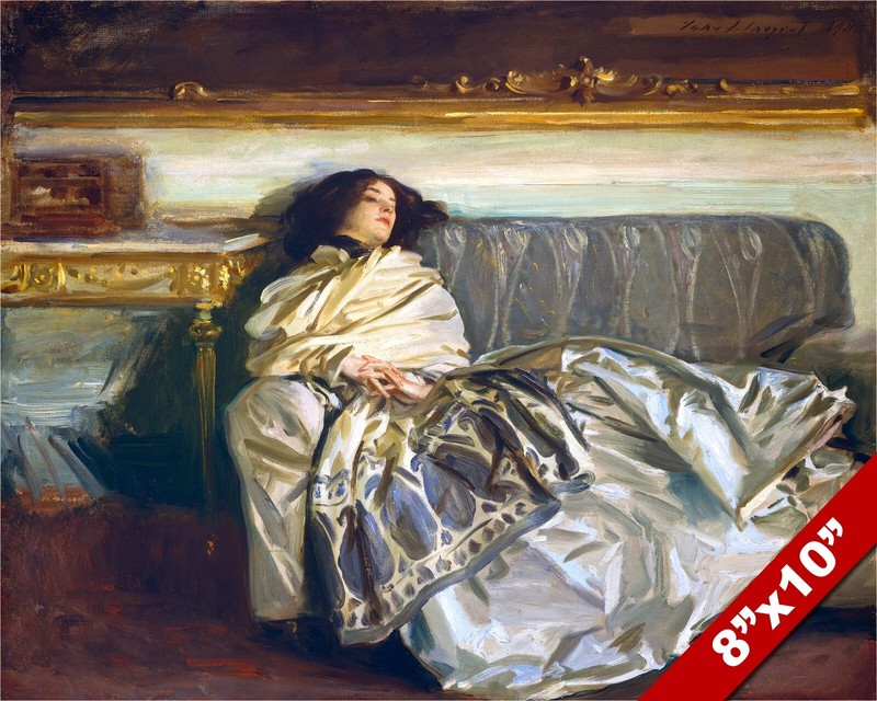 YOUNG WOMAN IN DRESS SLEEPING RESTING ON A COUCH PAINTING ART REAL CANVAS PRINT