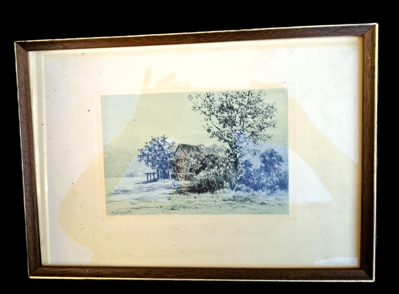 Etching Max Asperger landscape house on the edge of the forest Thuringia framed 22x31x1.5cm