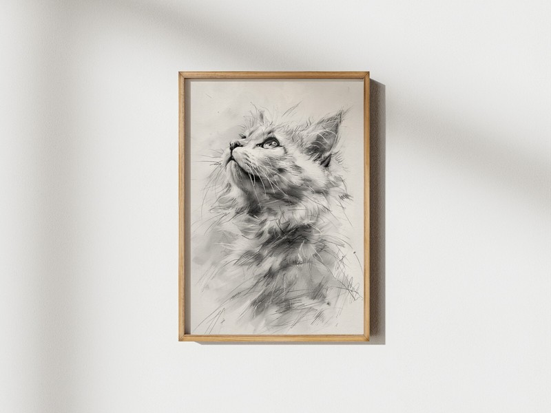 Curious Cat Drawing 12"x8" Print on Matte Paper | Ink and Pencil Artwork gallery