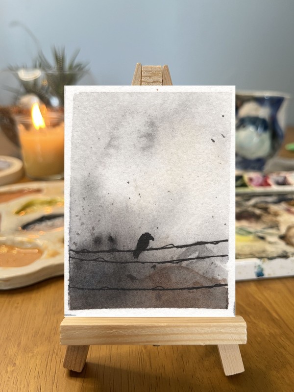 ACEO Original Watercolor Ink Crow Raven Bird on Wire Moody Atmospheric Dark Land