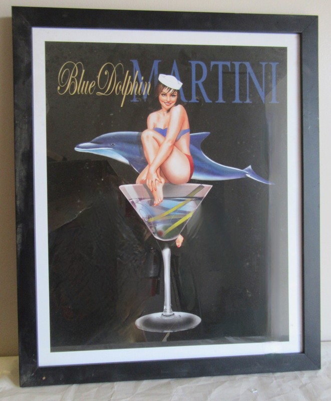 Ralph Burch Blue Dolphin MARTINI 24 x 20 Black Wood Frame Under Glass Print