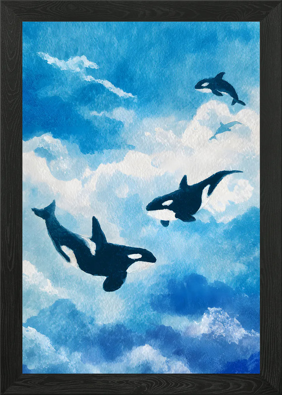 Orcas in the Sky Watercolor Paintin Framed Wall Art Poster Canvas Print Picture