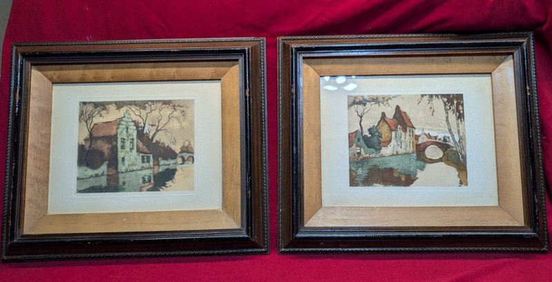 Pair of Framed Julien Celos (1884 – 1953) Etchings – Belgian Scene Canal Scene