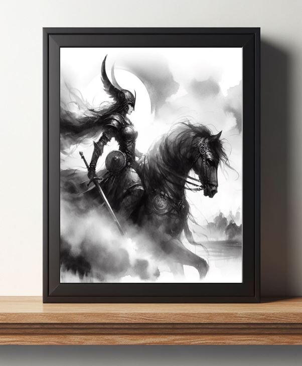 Valkyrie Warrior Viking Fantasy woman Horse Watercolor Painting print B&W art