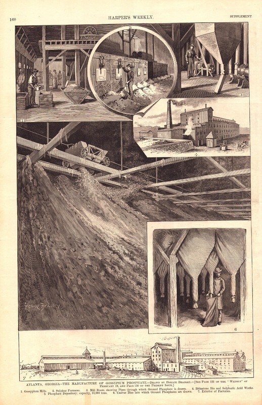 «GOSSYPIUM PHOSPHATE PLANT, ATLANTA, GEORGIA» Antique original engraving 1887