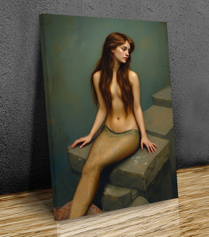 Mermaid inspired John William Waterhouse art mounted canvas print
