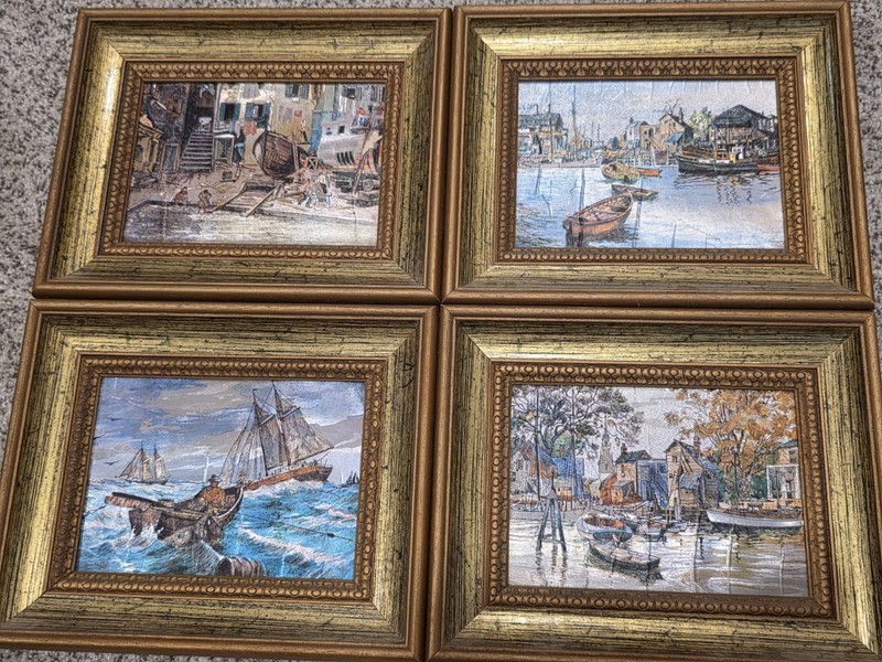 Framed Lionel Barrymore Masterpiece Color Foil Etchings Set Of 4 Boats Vintage