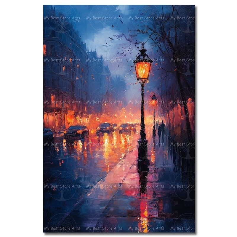 Rainy City Street Art Print, Dark Academia Wall Decor, Lamp Post Poster, Gothic