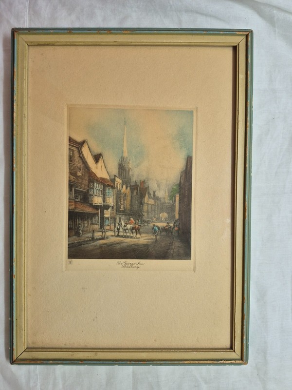 Vintage Aquatint Print "The George Inn, Salisbury" with the Artist stamp, Framed gallery