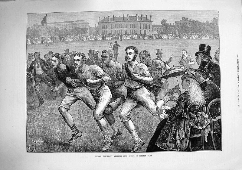 Original Old Antique Print 1874 Dublin University Athletic Sports Colle 19th