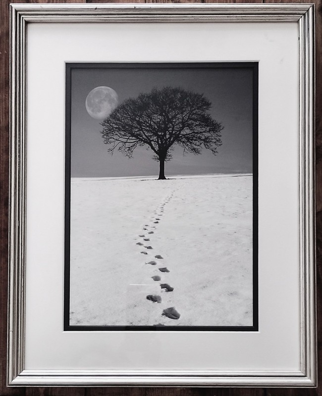B&W Footsteps in snow to lone tree with moon quality Giclee print matted/framed