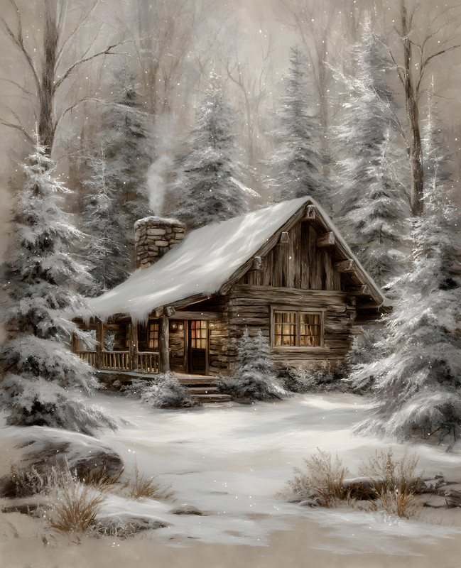 8×10 Cozy Storybook Cabin in Woods Art Print Classic Illustration – 240851572