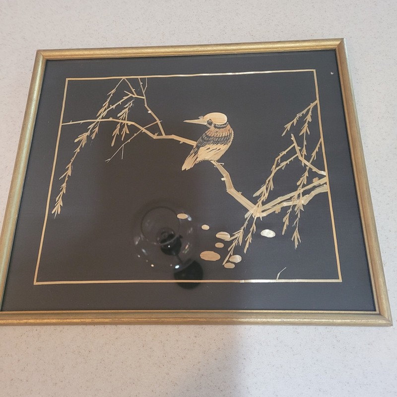 Vtg Wheat/Straw Art Bird on a Branch Gold Tone Wood Frame Matted 12.5 x 14.5