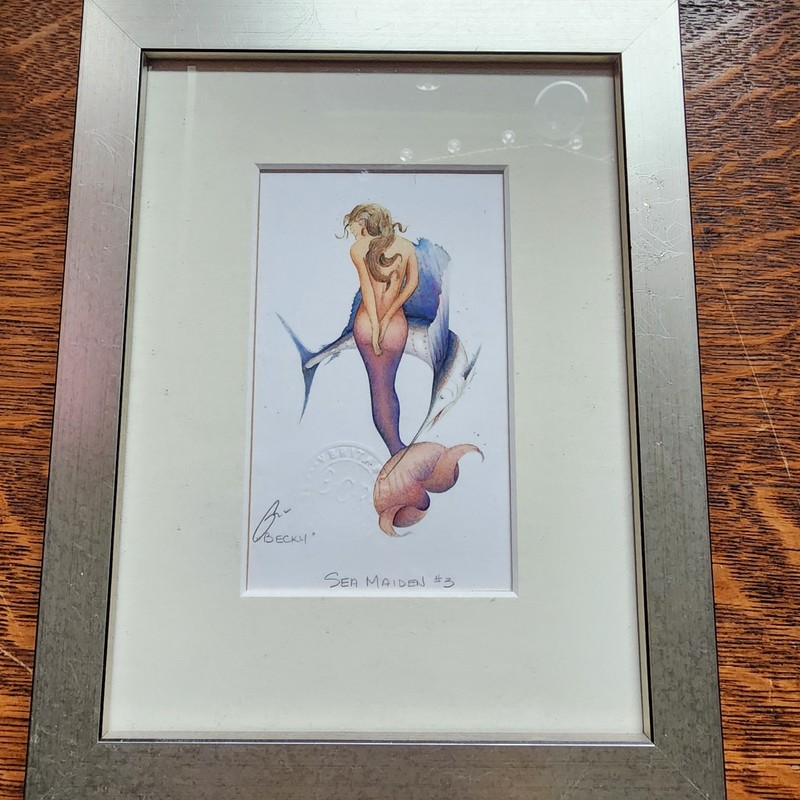 Robert Kline Sea Maiden Mermaid Becky W/Marlin Signed Stamped Framed Art Print