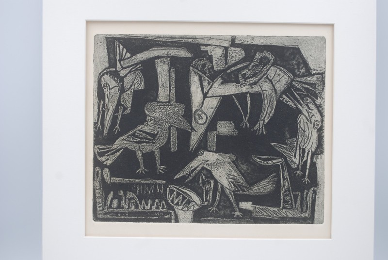 "Birds" MCM Linocut Print 1950s 9.5"x8" mat 14"x16" gallery