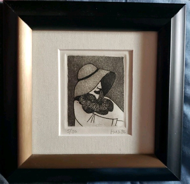 A Small 6 ×6 Framed Etching Lithograph 5/30 Signed Art Print Woman In A Big Hat