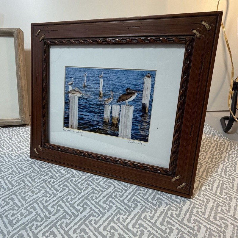 "Board Meeting" Schneider Signed Pelican Print - Rustic Rope Wood Framed Art gallery