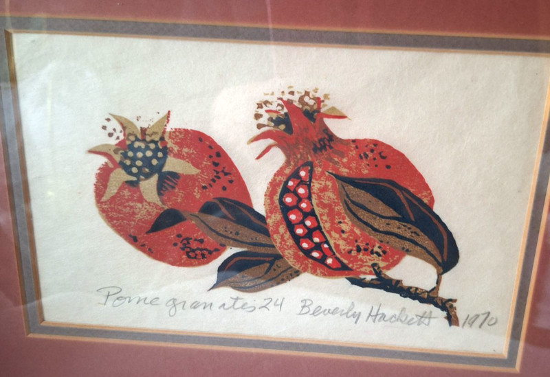 MCM Beverly Hackett Signed Block Print matted & framed "Pomegranates 24" 1970 gallery