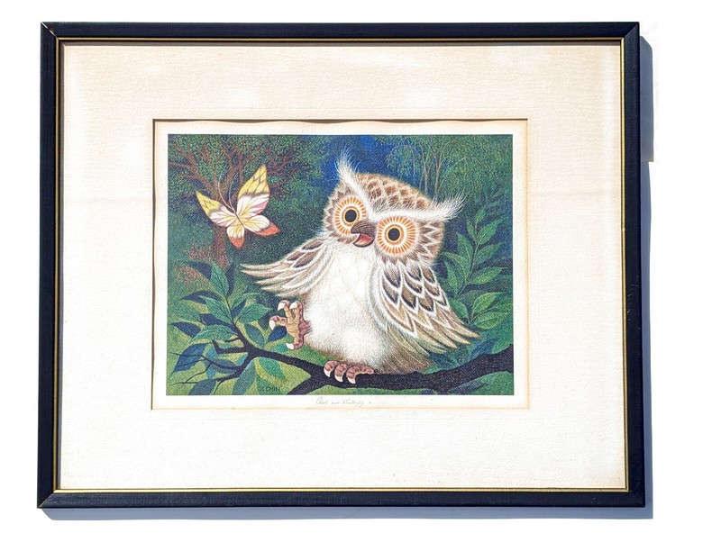 Rare Vtg Framed Signed K Chin Surrealist Psychedelic Owl & Butterfly Lithograph