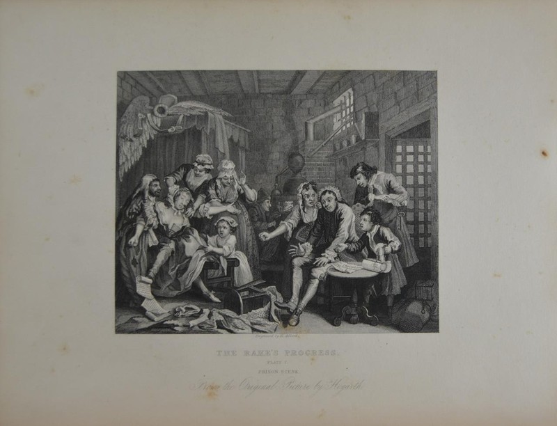 Antique Art William Hogarth The Rake’s Progress Prison Scene Engraving 1850