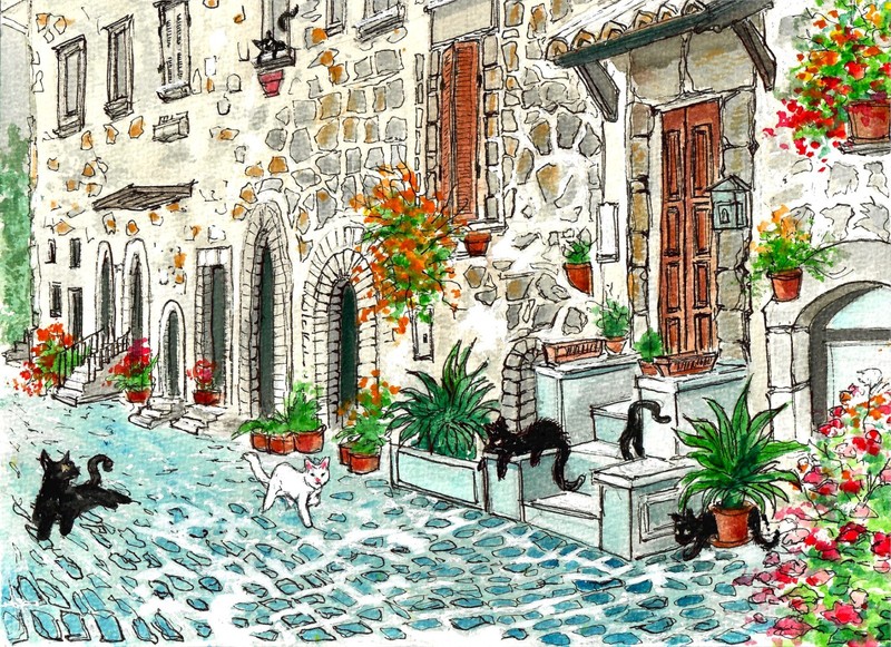 Cats In A Flowered Stone Italian Alley, (Signed, Matted Watercolor Art Print)