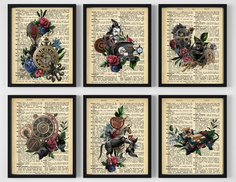 Set of 6 Steam Punk Mechanical Dictionary Art Prints Unframed 8″ x 10″