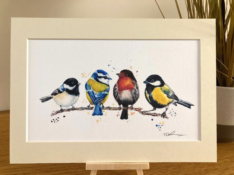 Birds on branch a4 mounted art print watercolour robin, blue tit wall decor gallery